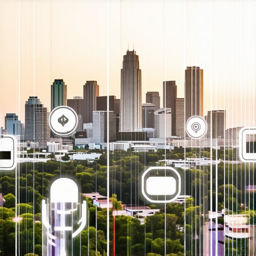 Illustration of Austin skyline with voice assistant icons representing voice search optimization in local SEO.