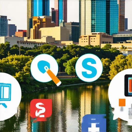 Austin cityscape with icons representing local SEO and digital marketing