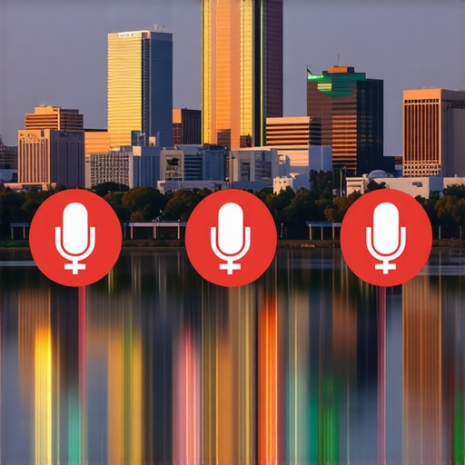 Illustration of Austin city skyline with voice search icons representing local SEO technology.