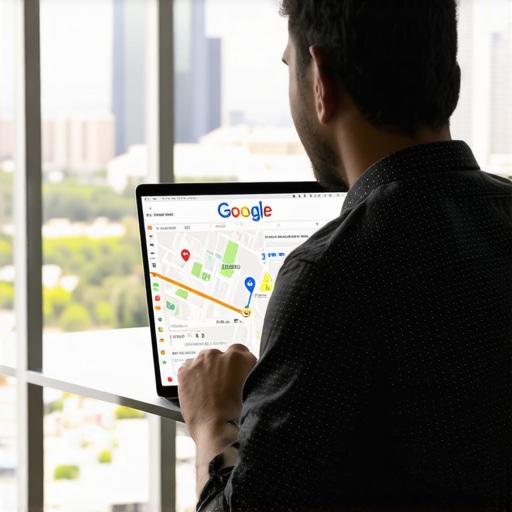 Advanced GMB Optimization in Austin Person analyzing SEO data on laptop with Austin city background
