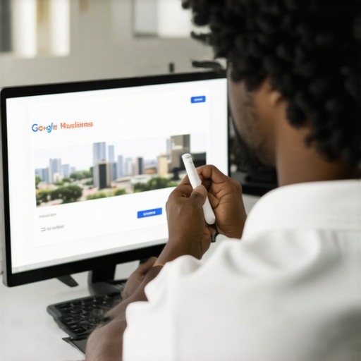A person working on Google My Business profile with Austin skyline in background.