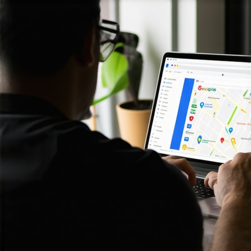 Austin business owner working on Google My Business optimization with maps and SEO tools.