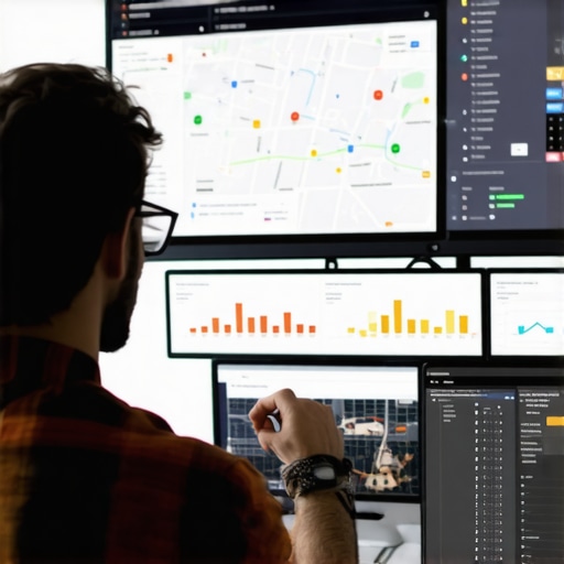Analyzing Austin Local SEO Data A person reviewing local SEO analytics for Austin businesses on multiple monitors.