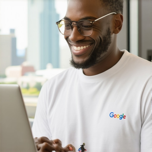 Austin Business Owner Optimizing GMB Profile Austin business owner working on Google My Business profile with city skyline