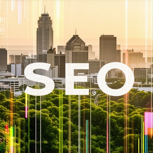 Austin SEO Tools in Action Illustration of SEO tools analyzing Austin city map for local ranking