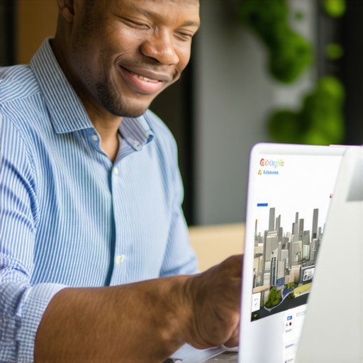 Optimizing GMB Profile in Austin Business owner working on Google My Business profile with Austin city background