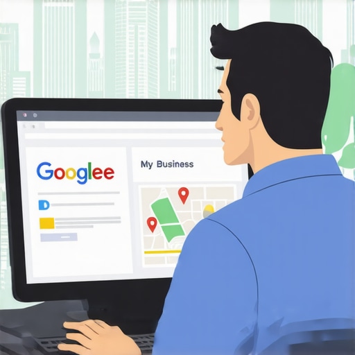 Business owner updating Google My Business listing with Austin landmarks in background