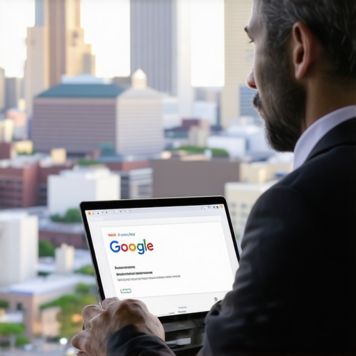 Austin entrepreneur working on Google My Business profile with city skyline in background