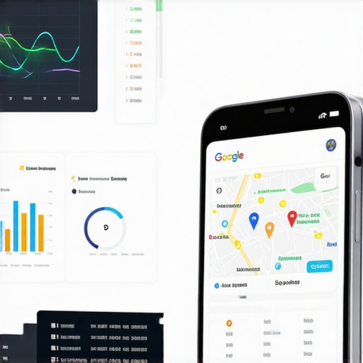 Laptop and smartphone showing SEO analytics and Google Maps interface.