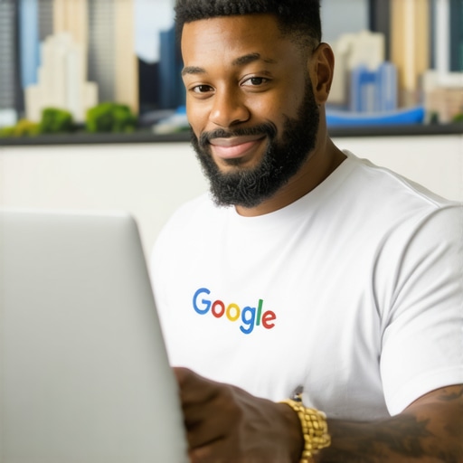 Business owner working on Google My Business profile with Austin cityscape