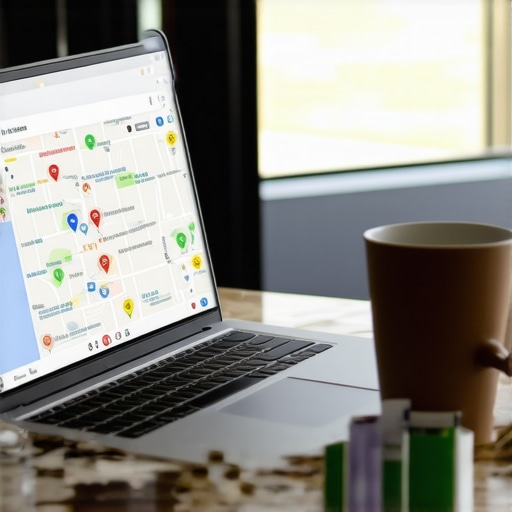 Business owner analyzing local SEO performance on a laptop with Google Maps and analytics graphics.