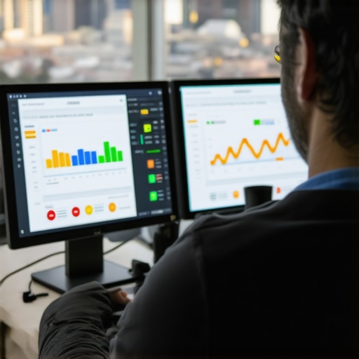 Data analysis for local SEO success Digital marketer reviewing local SEO analytics on dual screens with Austin skyline