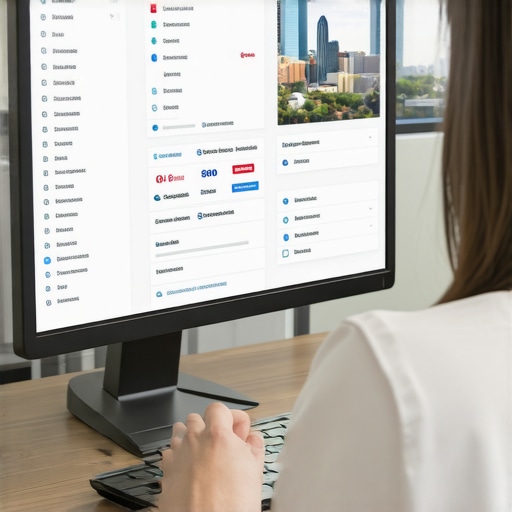 Person using SEO tools on a laptop with Austin skyline behind