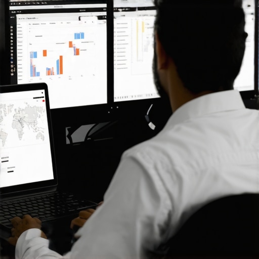 Business owner analyzing local SEO data on multiple monitors with maps and graphs.