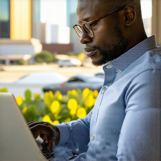 Monitoring Local SEO Performance in Austin Business owner analyzing local SEO data on a laptop in front of Austin skyline.