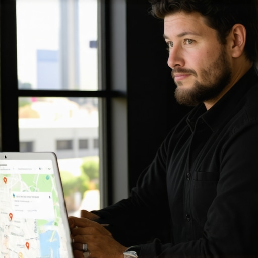 Optimizing GMB Profile in Austin Austin business owner working on Google My Business profile with Google Maps on screen, city background