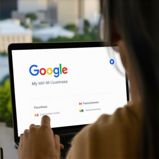 Person editing Google My Business profile on a laptop with Austin skyline