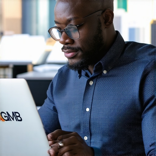 Business owner working on Google My Business profile on a laptop with Austin skyline in background