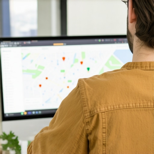 A digital marketer reviewing local SEO performance metrics on a computer with Austin city map on screen.