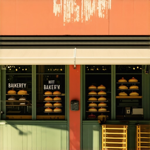 Vibrant storefront of a bakery in Austin with outdoor seating on a sunny day