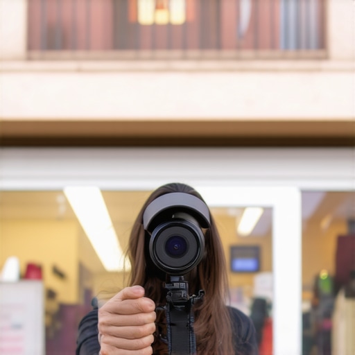 Person filming a video review outside an Austin business storefront with local signage
