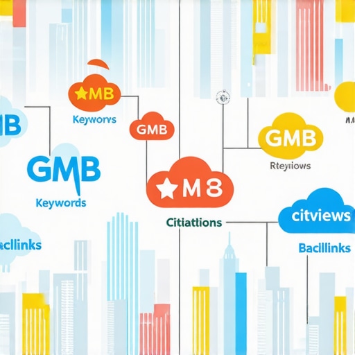 Visual representation of local SEO factors like GMB profile, local keywords, citations, reviews, and backlinks in Austin.