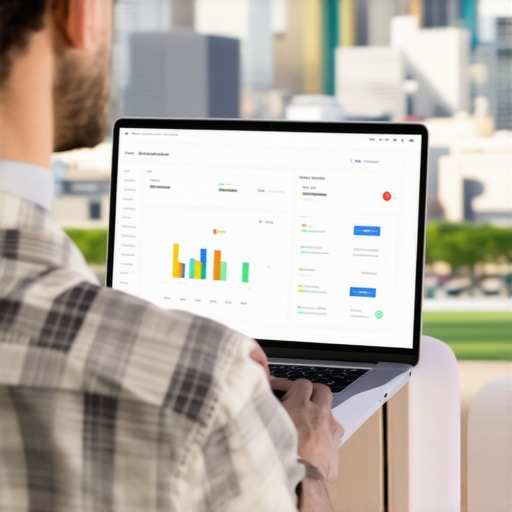 Digital marketer working on local SEO metrics with Austin cityscape