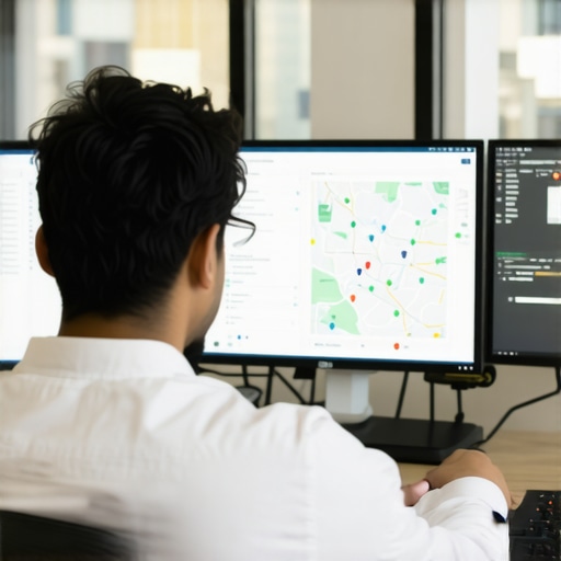 SEO analyst analyzing local business ranking data on computer screens with Austin skyline in background