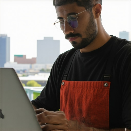 Austin shop owner working on Google My Business profile with city backdrop.