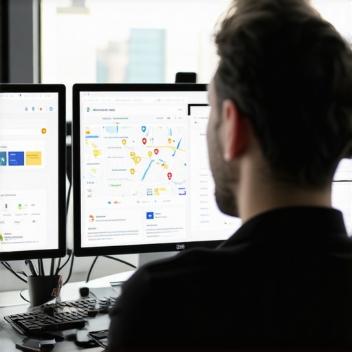 Digital marketer reviewing local SEO metrics with Austin map and search results on screens.