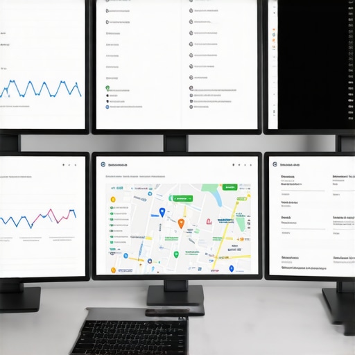 A workspace with screens showing GMB insights and SEO tools for local business optimization.