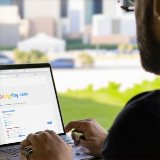 Austin business owner improving GMB profile on laptop with cityscape background