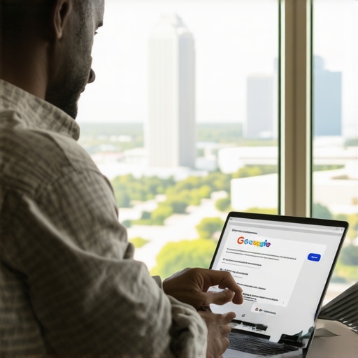 Business owner working on Google My Business profile with Austin city skyline in background.