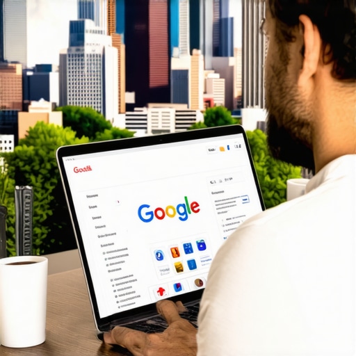 Business owner reviewing Google My Business profile with Austin landmarks