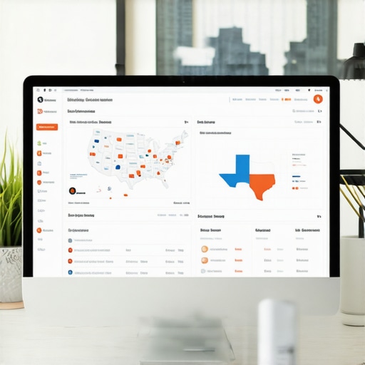 Marketing professional analyzing local SEO performance with analytics software and Texas map background
