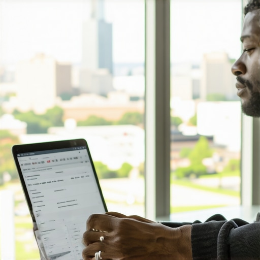 Digital marketer managing citations on laptop with Austin skyline